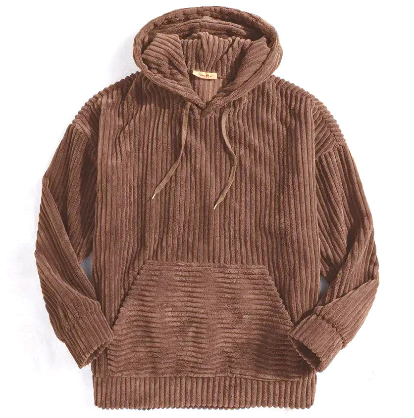 Close-up of a men's corduroy hoodie, showing the soft texture and relaxed fit. Ideal for comfortable fall fashion.