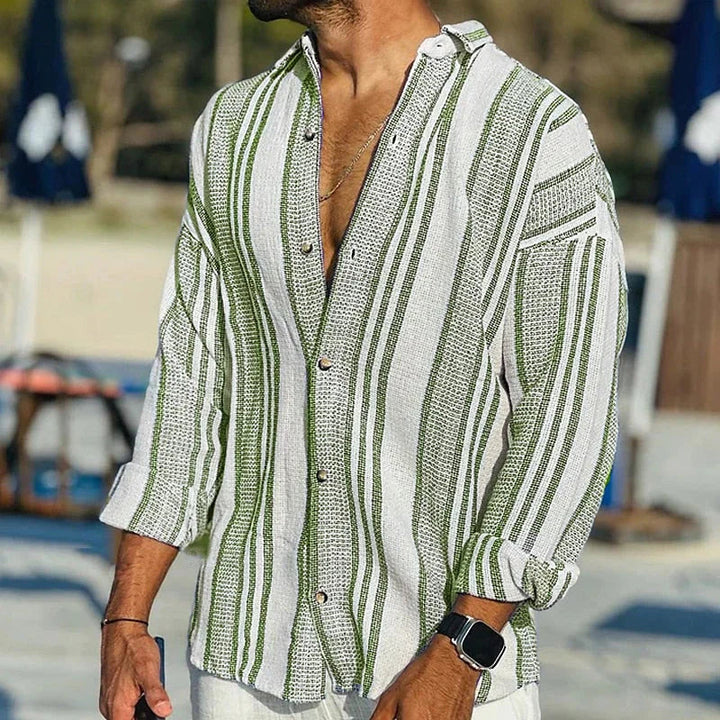 Striped men's casual long sleeve shirt, a trendy button-down top for summer fashion & everyday menswear.