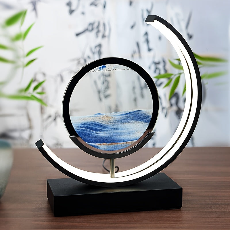 Kinetic sand art LED hourglass lamp, a dynamic desk or home decor piece.