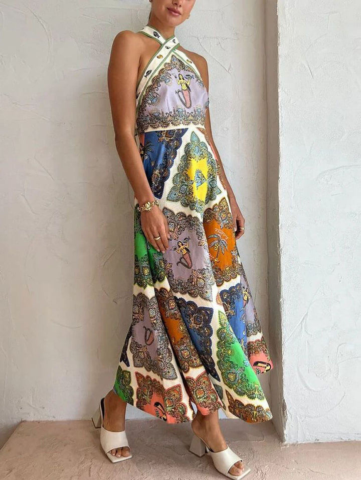 Elegant women's floral maxi dress, sleeveless with a beautiful multi-color pattern, perfect for summer casual chic.