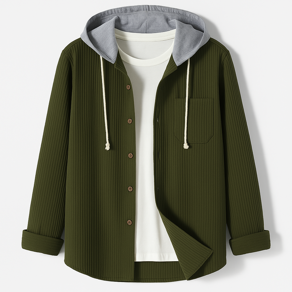 Comfortable Brooklyn textured hooded jacket. Unisex button-up casual outerwear, ideal for everyday wear.