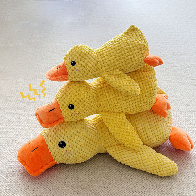 Durable plush duck dog toy, deep quack sound, calming interactive chew toy for anxious pet companions