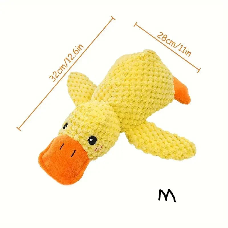 Yellow plush duck dog toy, deep quack sound, durable chew toy, calming pet supplies for enrichment