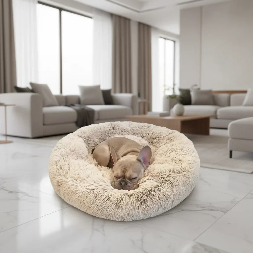 Calming plush dog bed, super soft pet lounger for peaceful sleep & anxiety relief.