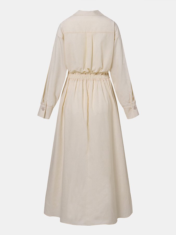 Versatile women's V-neck A-line midi dress, long sleeve. Effortlessly transitions from casual to formal apparel.