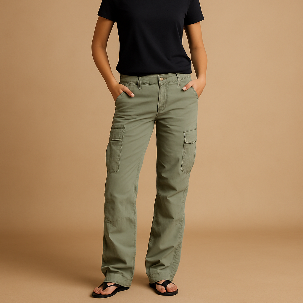Fashionable women's cargo pants in a straight leg design, perfect for versatile everyday wear and modern comfort.