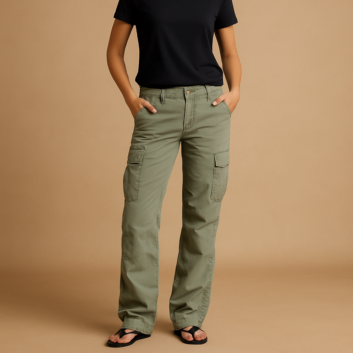 Fashionable women's cargo pants in a straight leg design, perfect for versatile everyday wear and modern comfort.