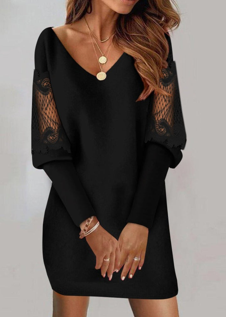 Women's V-neck bodycon mini dress with elegant lace sleeves. Perfect for cocktail parties, date night, or evening wear.