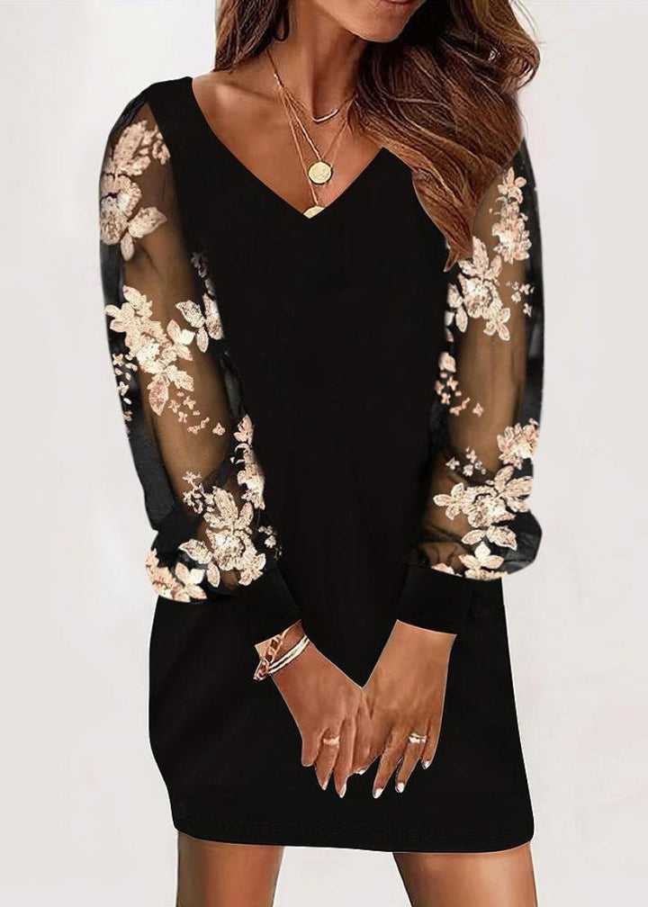 Trendy women's V-neck bodycon mini dress with chic lace sleeves. A perfect elegant choice for date night.