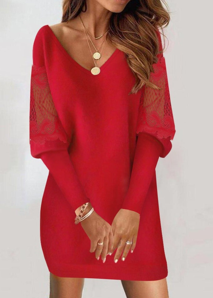 Elegant women's V-neck bodycon mini dress. Intricate lace sleeves make it ideal as a party or cocktail dress.