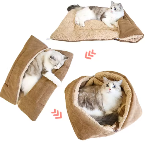 Washable cat bed converts to a comfortable pet blanket, ideal for small pets seeking warmth.