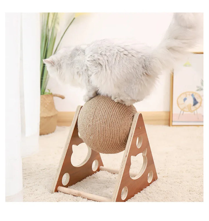 Cat 360° Rotating Sisal Ball Scratching Post, natural wood base, interactive cat toy