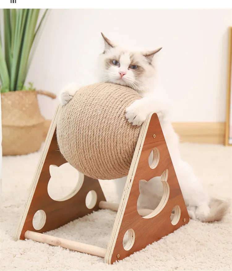 Wooden cat scratcher with sisal ball, spinning action for kitten play and claw care