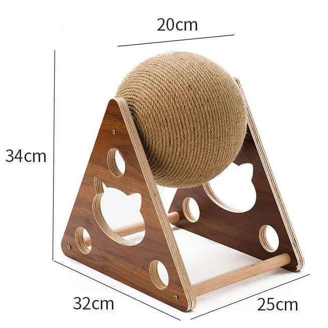 Close up of eco-friendly sisal ball on a rotating scratching post, cat care accessory