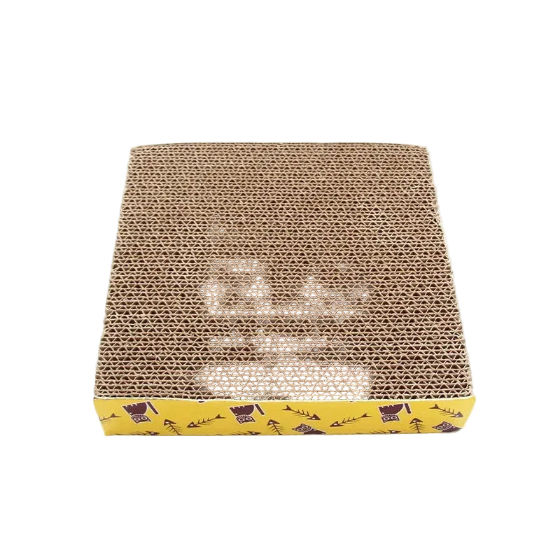 A happy cat relaxing on a corrugated cardboard cat bowl scratch mat and bed