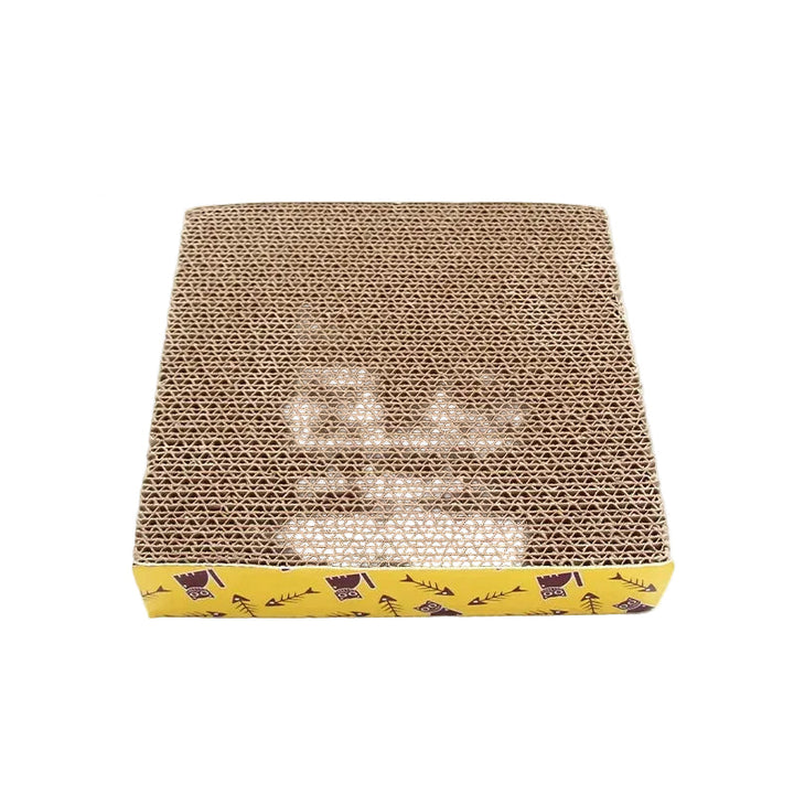 A happy cat relaxing on a corrugated cardboard cat bowl scratch mat and bed