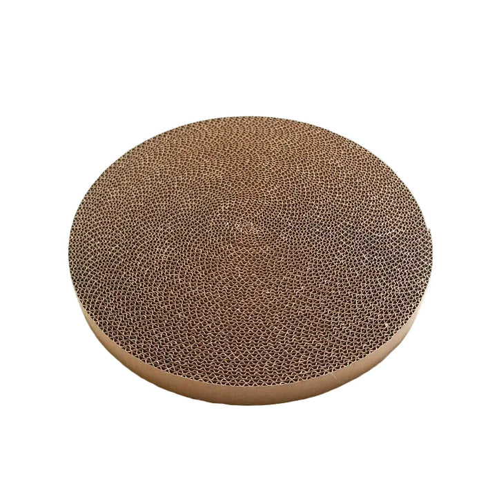 Corrugated cardboard cat bowl scratch mat displayed in a modern pet-friendly home