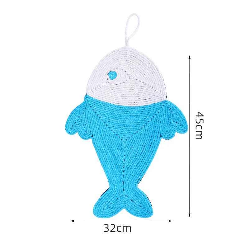 Wall-mountable or floor-friendly sisal scratching mat featuring a cute cactus and fish design for cats