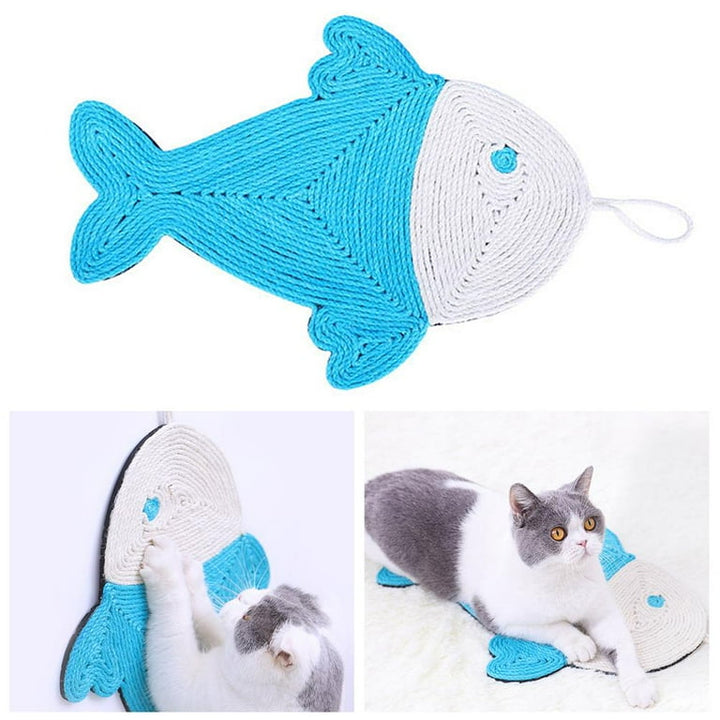 Natural sisal scratch mat for cats, shaped like a cactus and fish, perfect for enriching pet environments