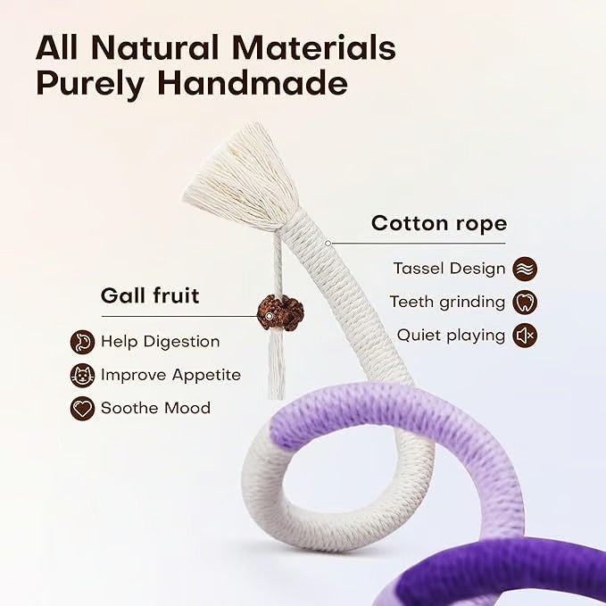 Cat enrichment: rope chew toy with gallfruit for dental stimulation and fun