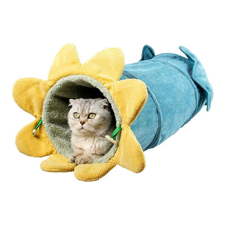 Cat flower play tunnel and lounger with vibrant petals, perfect for feline play and relaxation.