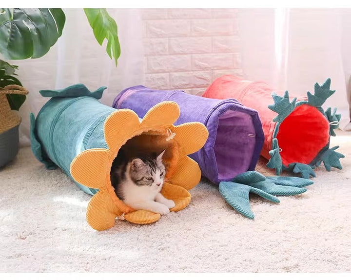 Large flower cat play tunnel and lounger, a colorful hideaway and interactive toy for domestic cats.