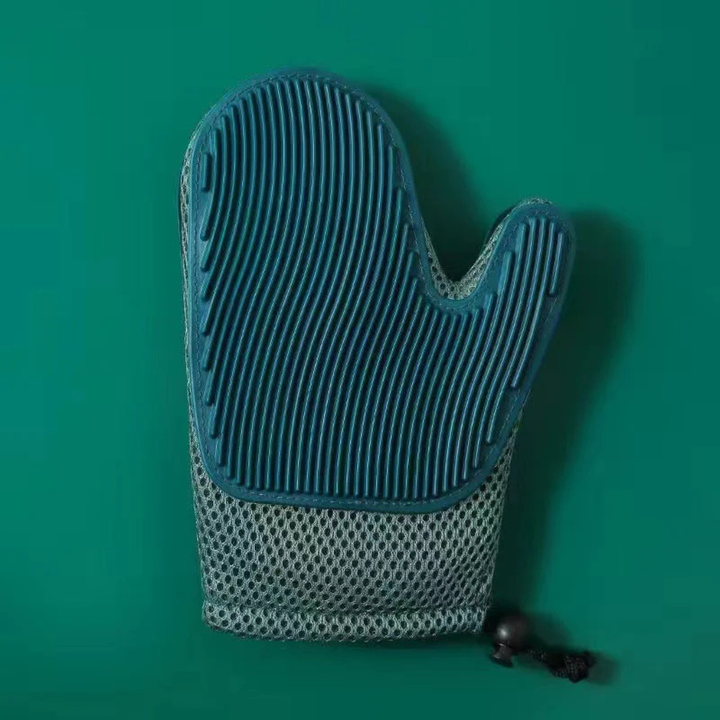 Cat grooming massage glove, grey silicone pet brush, removes shedding hair, ideal for cats & small pets