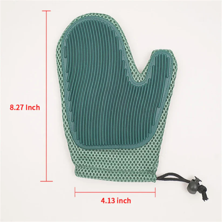 Packaging for a cat grooming massage glove, highlighting its use as a shedding tool & pet brush