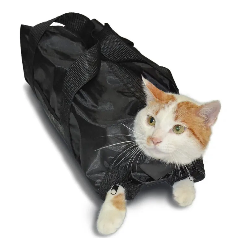 Hands gently holding a cat in a restraint bag, demonstrating how to trim claws without struggle.