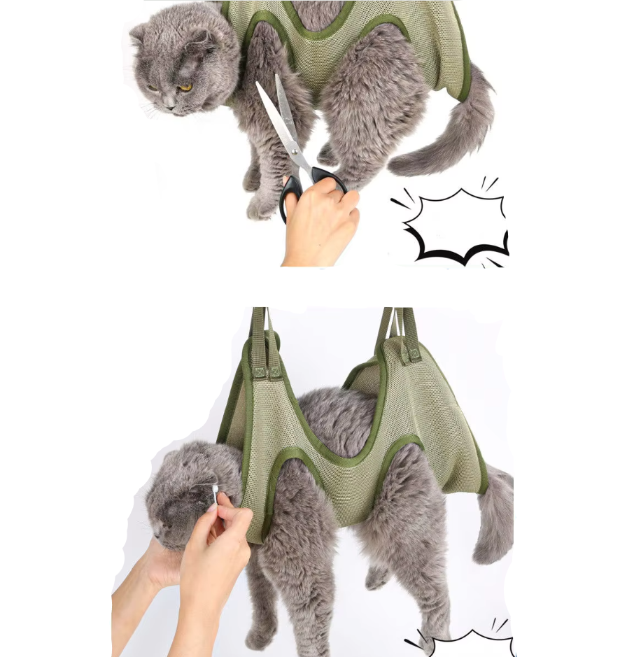 Pet grooming hammock in pink, designed for cat care and safe vet visits, with secure straps