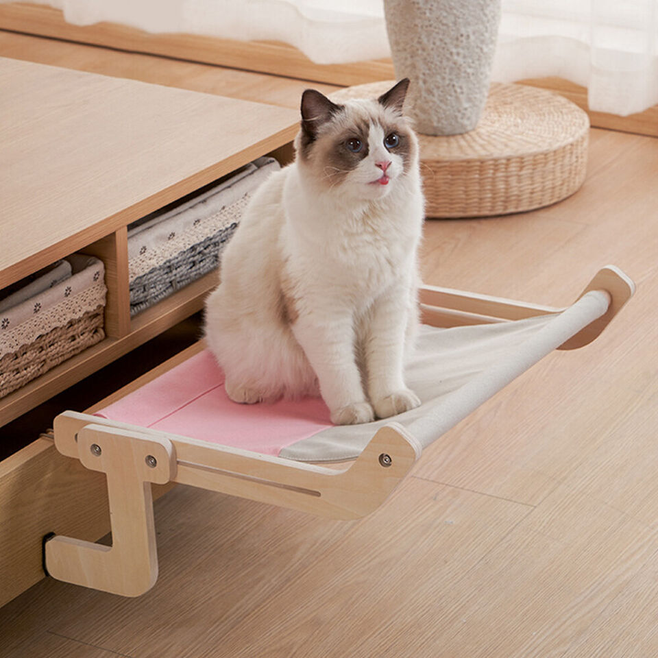Modern cat bed hammock, stylish pet furniture in a neutral tone