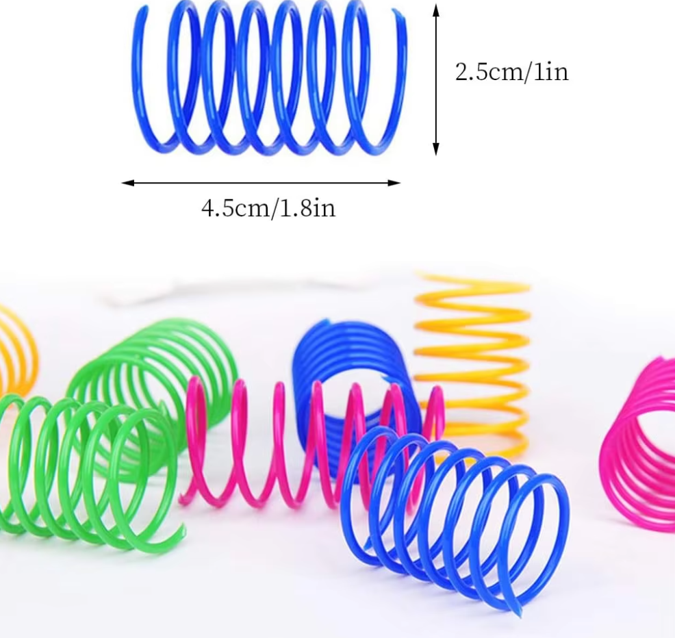 Assortment of interactive spiral feather cat toys in various colors, promoting active playtime
