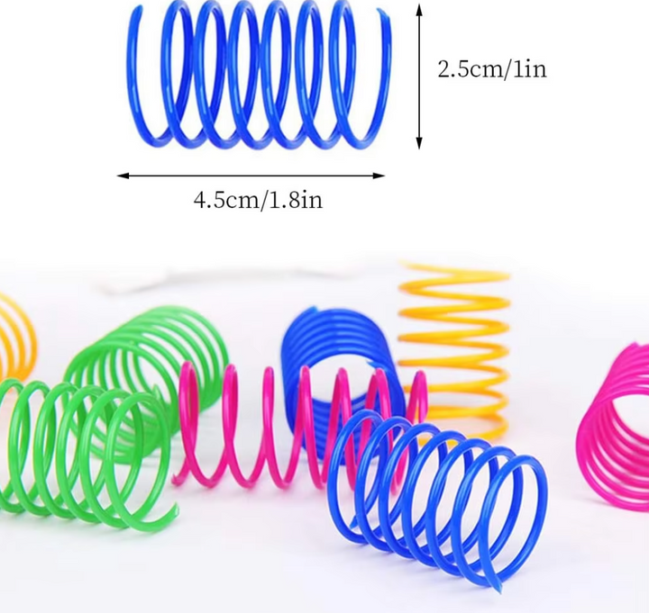 Assortment of interactive spiral feather cat toys in various colors, promoting active playtime