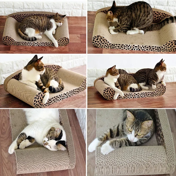 Leopard print cat bed and scratching surface, a comfy and durable accessory for happy cats.