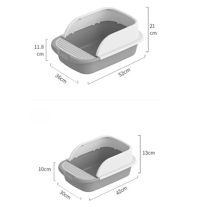 Close-up of high rim on cat litter tray preventing litter scatter, pet care accessory