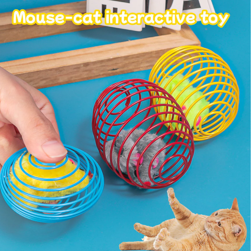 Cat Mice in Spiral Cage Toy, interactive play for feline enrichment and prey drive satisfaction