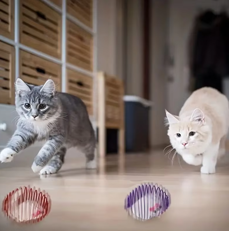 Feline enrichment toy featuring mice inside a spiral cage, promoting active play and exercise