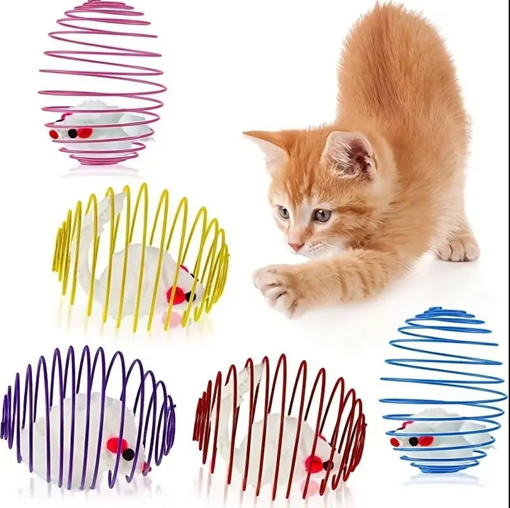 Spiral cage cat toy with mice, designed to stimulate prey drive in cats and provide mental enrichment