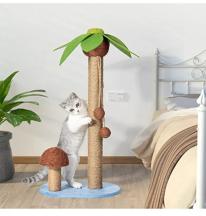 Cat Palm Tree Mushroom Sisal Scratcher: Tall feline enrichment toy with natural sisal post for healthy claws.