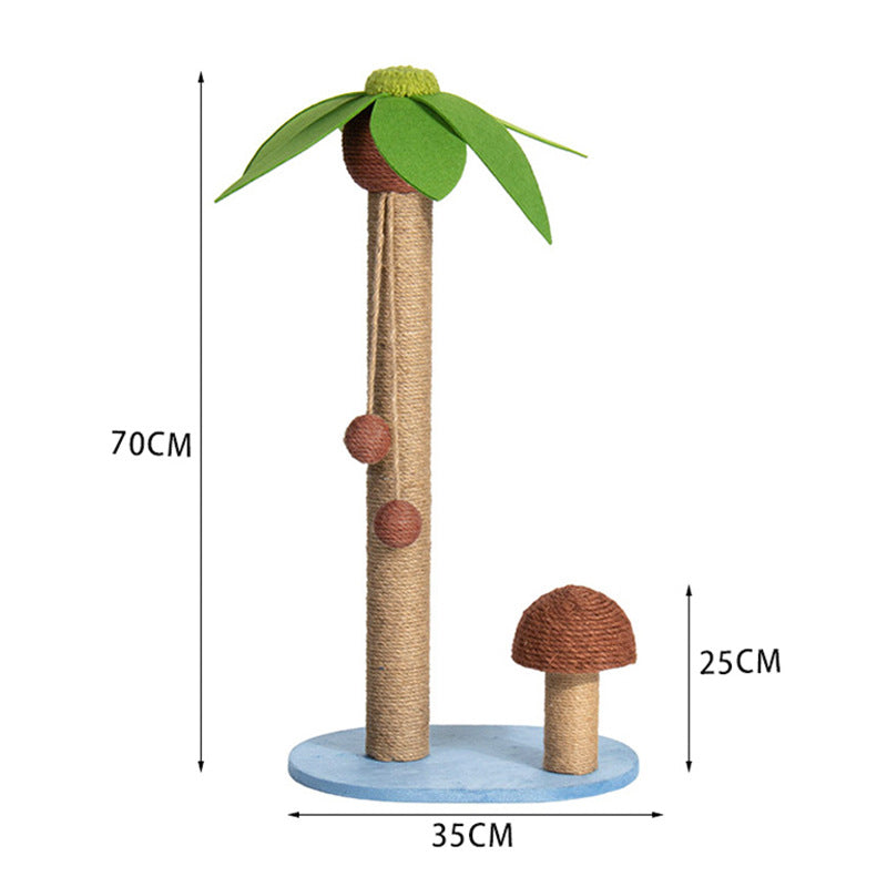 Tropical cat scratching post featuring a palm tree design & mushroom base, durable sisal for pet playtime.