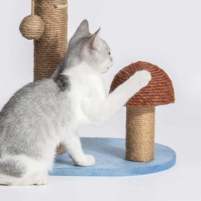 Cute cat toy: Mushroom sisal scratching post with palm tree accent, perfect pet furniture for feline fun.