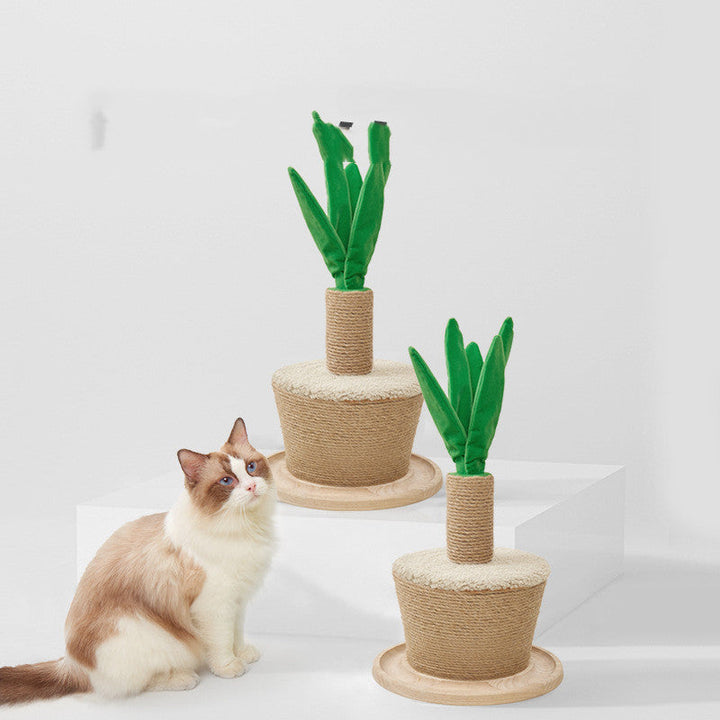 Interactive cat toy and scratching post with sisal leaves, perfect for indoor cat entertainment.