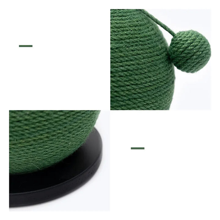 Happy cat engaging with a sisal scratcher ball, designed for natural claw grooming and play.