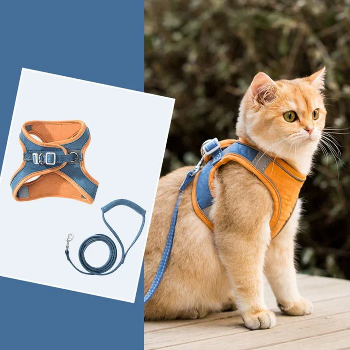Easy-to-wear cat harness with reflective straps, and matching durable leash