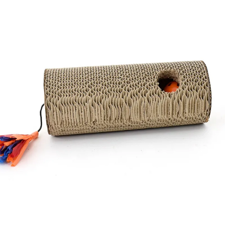 Cardboard cat scratcher roll with vibrant fringes, providing a durable surface for claw care
