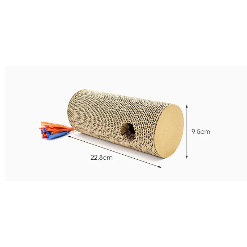 Pet accessory: cylindrical cardboard cat scratcher with rainbow fringes for playful felines