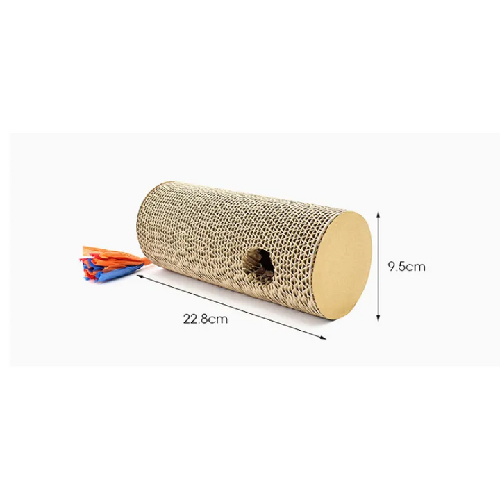 Pet accessory: cylindrical cardboard cat scratcher with rainbow fringes for playful felines