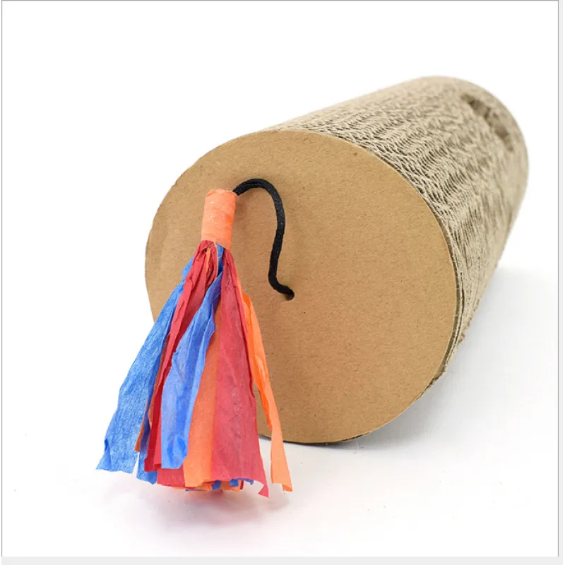Interactive cat toy: corrugated cardboard roll scratcher with colorful tassel fringes for claw health