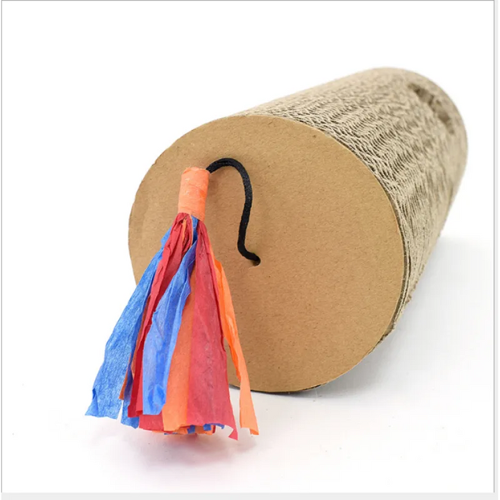 Interactive cat toy: corrugated cardboard roll scratcher with colorful tassel fringes for claw health
