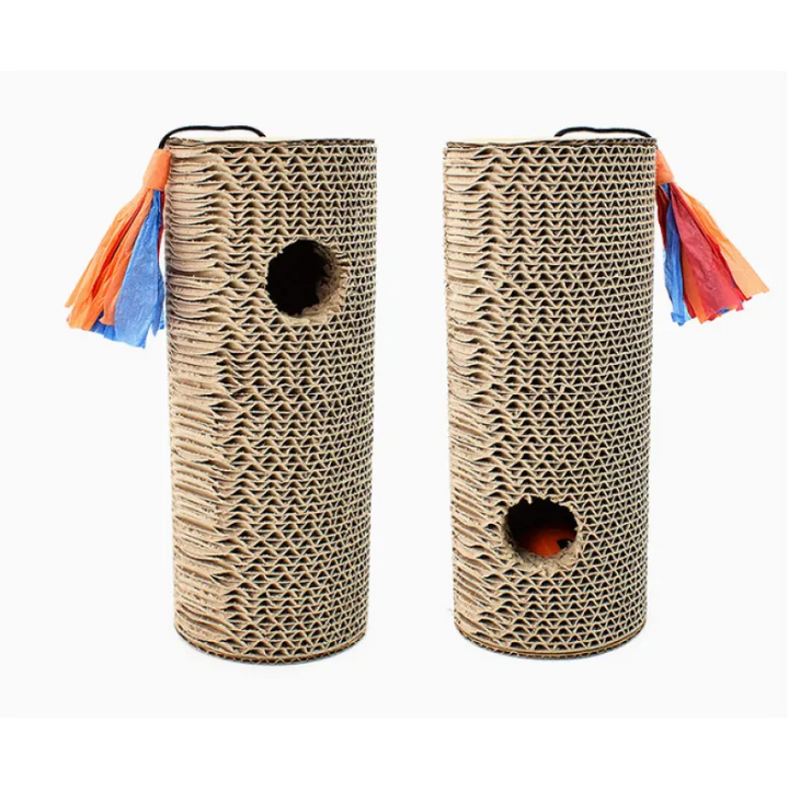 Cat cardboard scratcher roll, an engaging feline play toy with eye-catching colorful fringes for pets